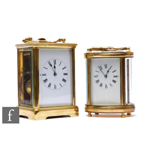 272 - An early 20th Century French brass carriage clock with enamelled dial, height 13cm, and a similar ov... 