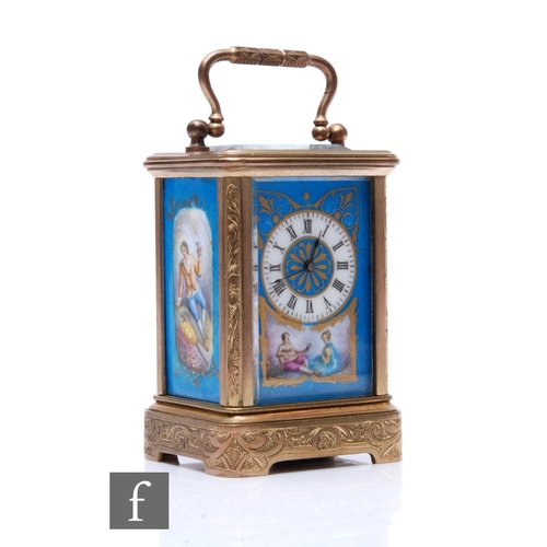 290 - A 19th Century French miniature brass carriage clock with sevres style porcelain panels to the face ... 