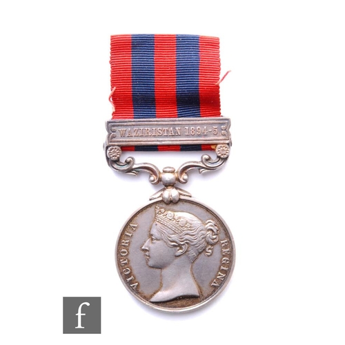 377 - An Indian mutiny medal Waziristan 1894-5 awarded to 2422 Corpl H J Kolb 2d 15th Border Regt, with ri... 