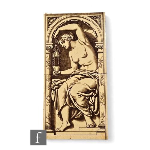 757 - Two Minton 8 inch dust pressed tiles, decorated with a seated classical female figure holding an inc... 