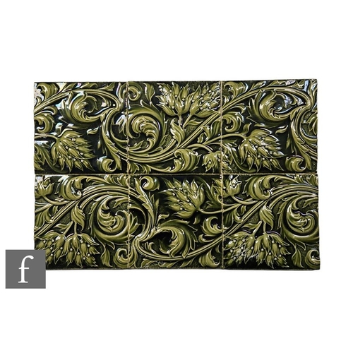 760 - Six Minton 6 inch dust pressed tiles, each decorated with relief moulded stylised scrolling floral m... 