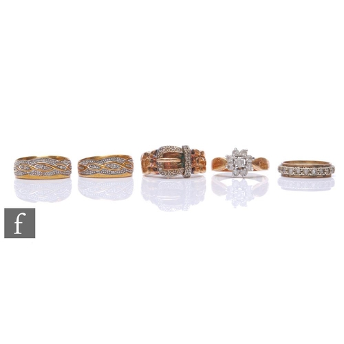 83 - Three 9ct hallmarked stone set rings, with a further example stamped 9ct, total weight 17g and a yel... 