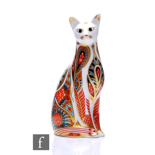 840 - A Royal Crown Derby paperweight modelled as a seated cat, gold stopper, printed mark, height 13cm.