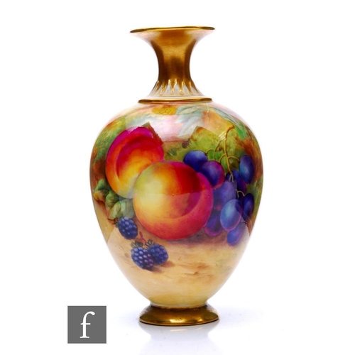 844 - A Royal Worcester Fallen Fruits shape 302 vase, panel decorated by Price with peaches, grapes and bl... 