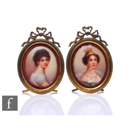 849 - A pair of late 19th to early 20th Century French porcelain framed plaques, to include Madame Récamie... 