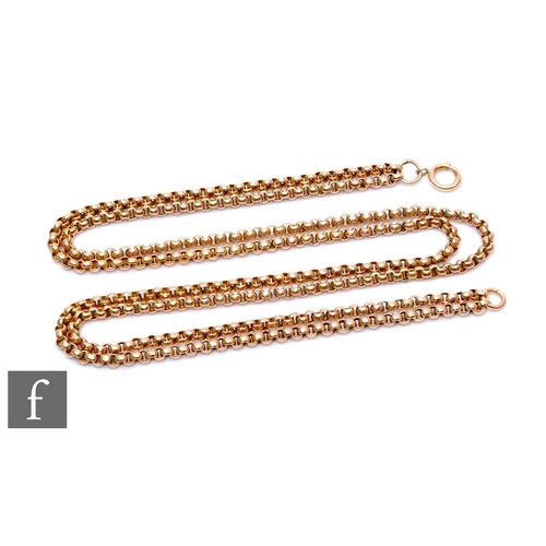 85 - An early 20th Century 9ct double belcher link chain, weight 21g, length 44cm, terminating in later b... 