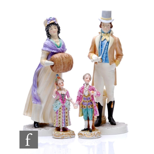 856 - A collection of porcelain figures, to include two Sitzendorf figures, height 11cm, and a pair of Roy... 