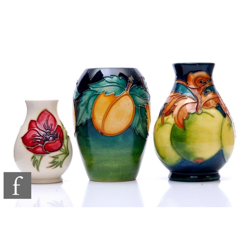 865 - A collection of Moorcroft vases, to include Apples, height 14cm, Apricot, height 13cm, and Clematis,... 