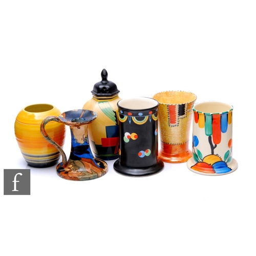 877 - A collection of assorted 1930s vases, to include two Crown Devon cylinder vases with hand painted de... 