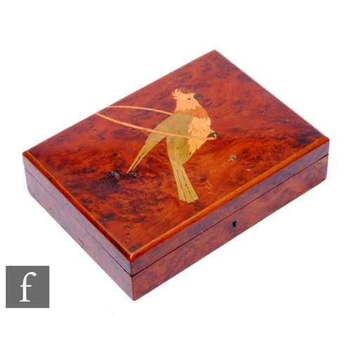 293 - A 20th Century yew wood work box, the hinged cover inlaid with a marquetry image of a parrot, width ... 