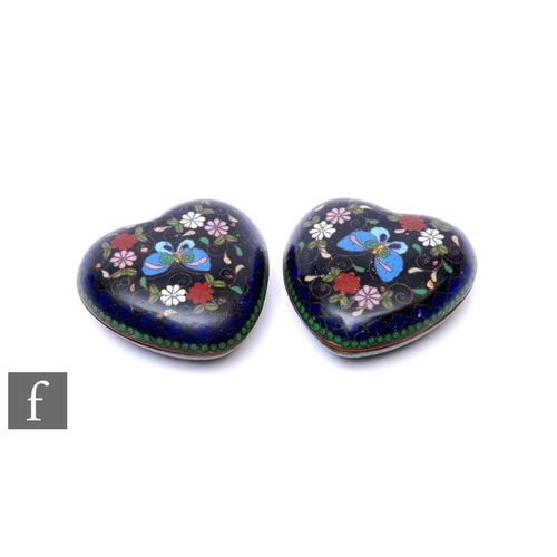 317 - A pair of 19th Century cloisonné heart shaped pin dishes, floral inset decoration on a black ground,... 