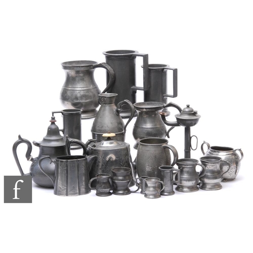 320 - A collection of 19th and 20th Century pewter tavern mugs, gill measures, a chamber stick etc. (qty)