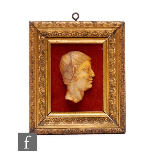 340 - A 19th Century veined marble side profile of a Roman bust, in a contemporary gilt frame, height 7cm.