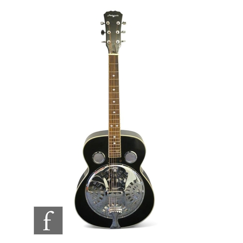 342 - A Martin Smith resonator semi-acoustic six string guitar with mother of pearl fret work, with a stai... 