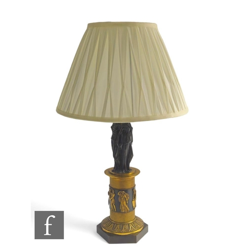 343 - A late 19th to early 20th Century French Empire style table lamp modelled as the three standing Grac... 