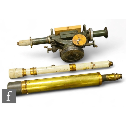 354 - A large military World War One brass telescope, length 87cm, a similar late white painted telescope ... 