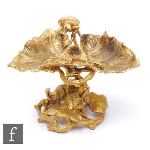 365 - A 19th Century French gilt metal sweetmeat dish modelled as a lizard on two leaves, on a conforming ... 