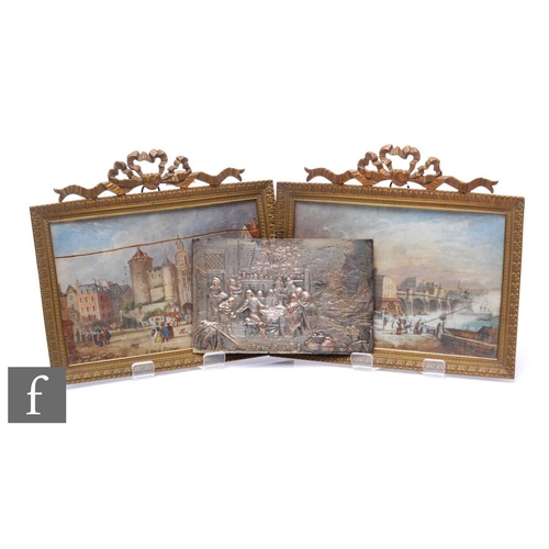 367 - A pair of 19th century French gilt brass rectangular photograph frames each surmounted with a bow an... 