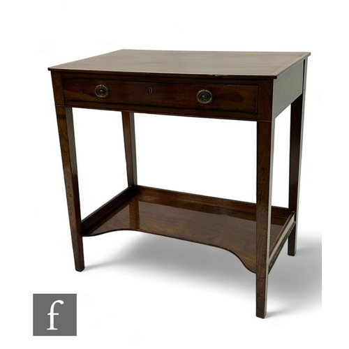 504 - A George III crossbanded mahogany side table, single frieze drawer, oval brass drop handles, on squa... 