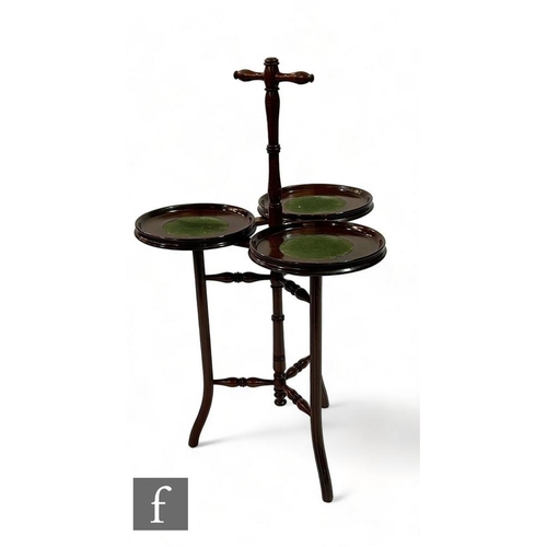 505 - An Edwardian style mahogany triple cake stand with handle and baize lined dishes, on splayed legs, h... 