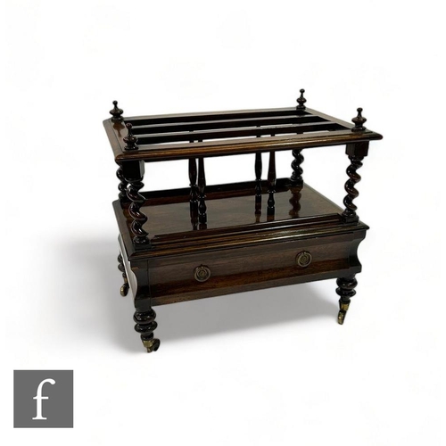 521 - A 19th Century rosewood three divisioned Canterbury, spiral uprights over a concave base drawer on t... 