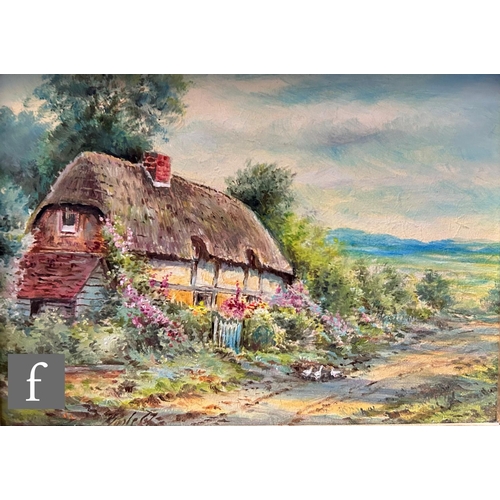 395 - RAYMOND POOLE (BORN 1935) - A rural thatched cottage, oil on board, signed, dated 1967 verso, framed... 