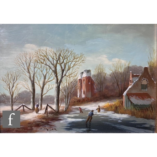 413 - J. MEISER (LATE 20TH CENTURY) - A Dutch winter landscape with figures skating on a frozen canal, oil... 