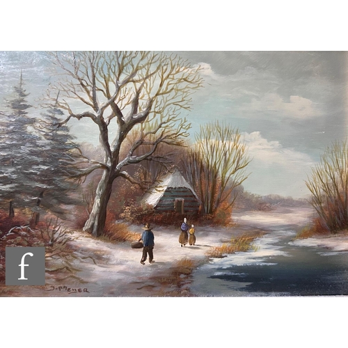 413 - J. MEISER (LATE 20TH CENTURY) - A Dutch winter landscape with figures skating on a frozen canal, oil... 