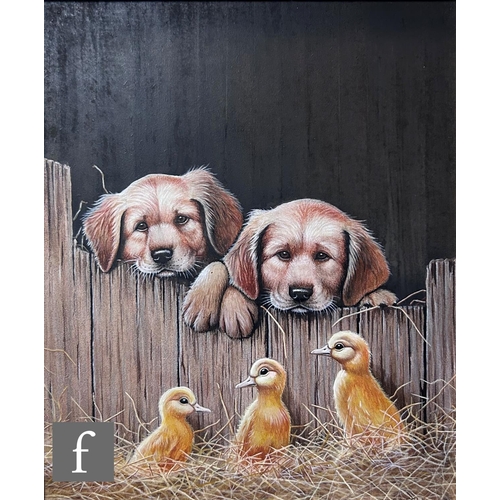 416 - RAY HARDCASTLE (CONTEMPORARY) - Labrador puppies and ducklings, acrylic on board, signed, framed, 29... 