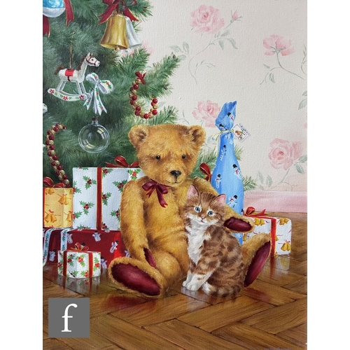 424 - LESLEY HOWELL (CONTEMPORARY) - Teddy bear and kitten, oil on canvas, signed, framed, 41cm x 30cm, fr... 