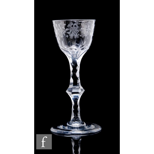 1128 - An 18th Century Jacobite drinking glass circa 1775, the deceptive cup form bowl engraved with five p... 