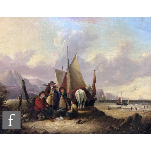 420 - FOLLOWER WILLIAM SHAYER (1787-1879) - Fisherfolk on a beach at low tide, oil on canvas, framed, 71cm... 