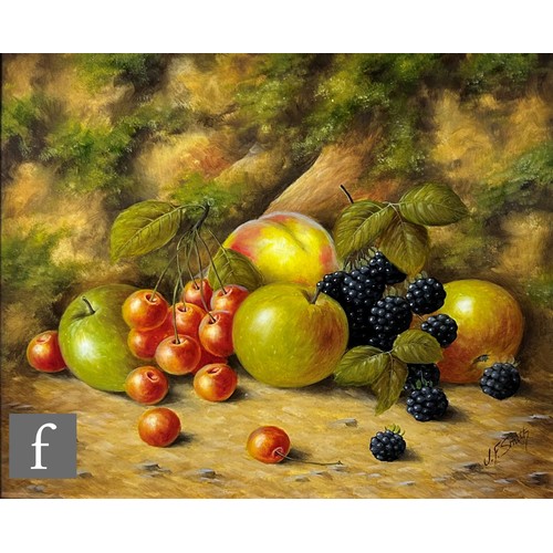 414 - JOHN F. SMITH (BORN 1934) - Apples, blackberries and cherries on a mossy bank, oil on board, signed,... 