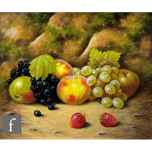 414 - JOHN F. SMITH (BORN 1934) - Apples, blackberries and cherries on a mossy bank, oil on board, signed,... 