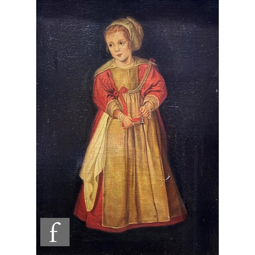 437 - ENGLISH SCHOOL (19TH CENTURY)- Young Tudor girl in traditional dress wearing a cap and holding a bel... 