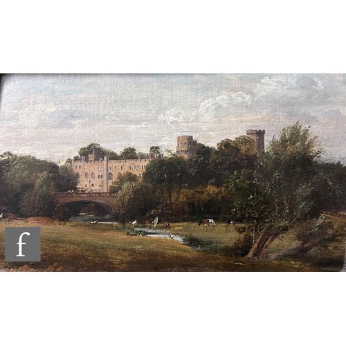 438 - ENGLISH SCHOOL (19TH CENTURY) - A castle within a landscape with bridge, river and cattle to the for... 