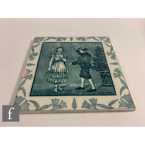 764 - Six assorted large dust pressed tiles, to include a Minton nursery rhyme inspired tile after Walter ... 