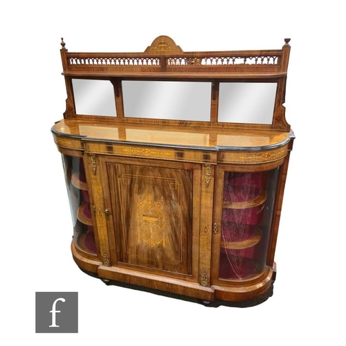 512 - A Victorian marquetry inlaid walnut Credenza, the projected front enclosed by a urn and acanthus pan... 