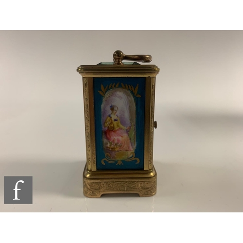 290 - A 19th Century French miniature brass carriage clock with sevres style porcelain panels to the face ... 