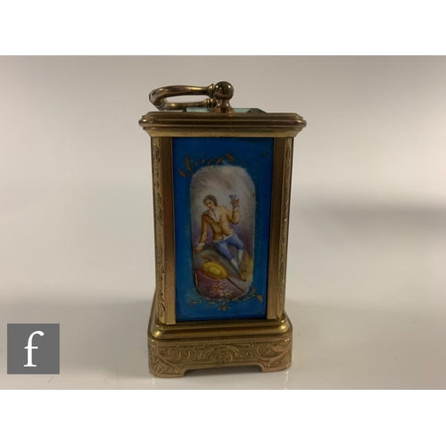 290 - A 19th Century French miniature brass carriage clock with sevres style porcelain panels to the face ... 