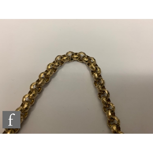 7 - A 19th Century 9ct fancy belcher link chain, weight 38.5g, length 77cm, terminating in a fancy tongu... 