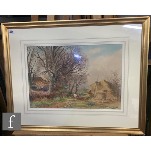 421 - HENRY CHARLES FOX, RBA (1855-1929) - 'A Sussex Farm', gouache and wash, signed and dated 1917, frame... 