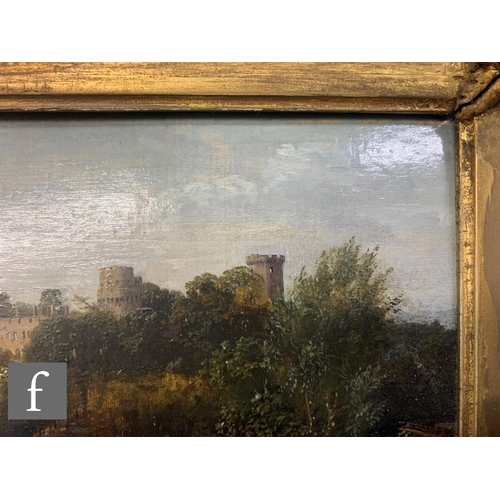 438 - ENGLISH SCHOOL (19TH CENTURY) - A castle within a landscape with bridge, river and cattle to the for... 