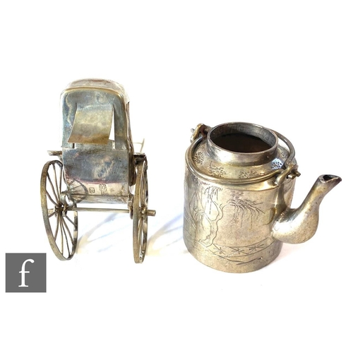 221 - A Chinese silver miniature kettle with engraved landscape decoration, with a similar rickshaw. (2)