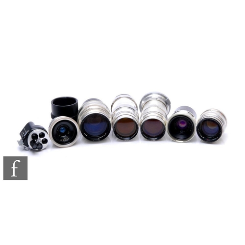 128 - A collection of Soviet screw mount camera lens, to include f2 85mm, No. 5100489, f6 28mm, No. 641039... 