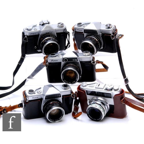 130 - A collection of Kowa 35mm SLR cameras, to include Regula Super Automatic, Kowa E x 2, Kowa SE T and ... 