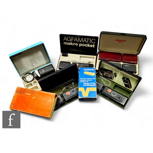 142 - A collection of boxed pocket cameras, to include Minox 110s set, Voigtlander Votoret 110 EL, Rollei ... 