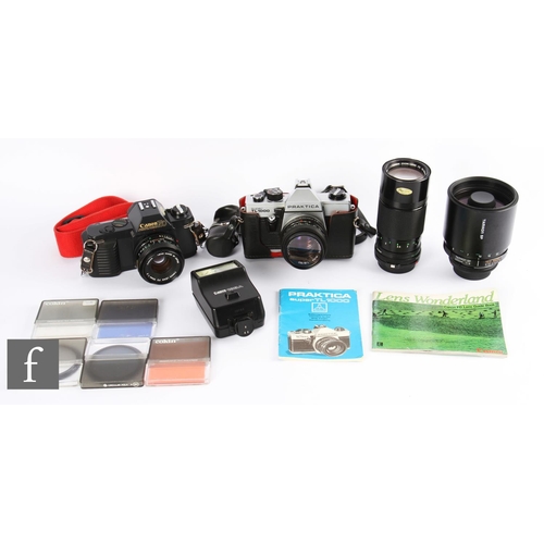 167 - Two SLR 35mm cameras, to include a Praktica Super TL1000, with Pentacon f1.8 50mm lens, Canon T50 wi... 