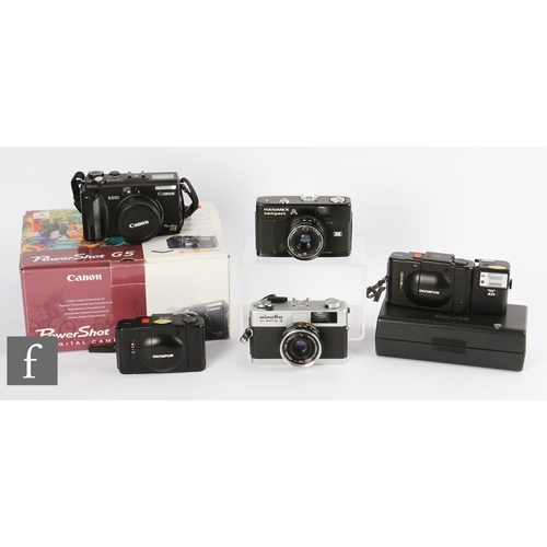 176 - A collection of compact cameras, to include a boxed digital Powershot G5, a Minolta Hi-Matic G, a Ha... 