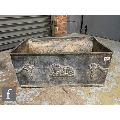 480 - A 19th Century or later rectangular lead planter, the side applied with swags and recumbent lions, h... 